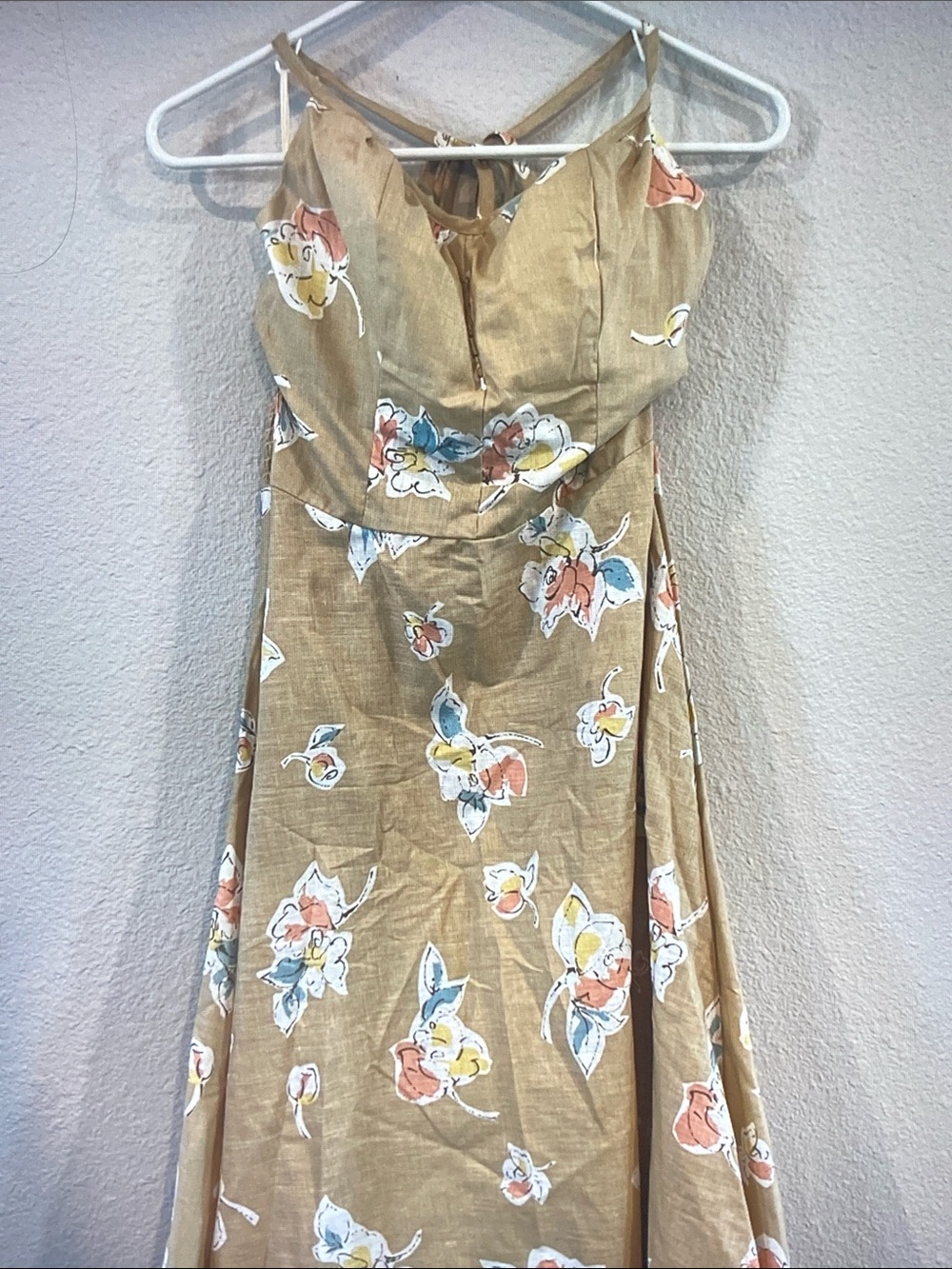 Vintage Floral Tie-Back Midi Dress in Tan, Blue & Coral - Picture 1 of 6